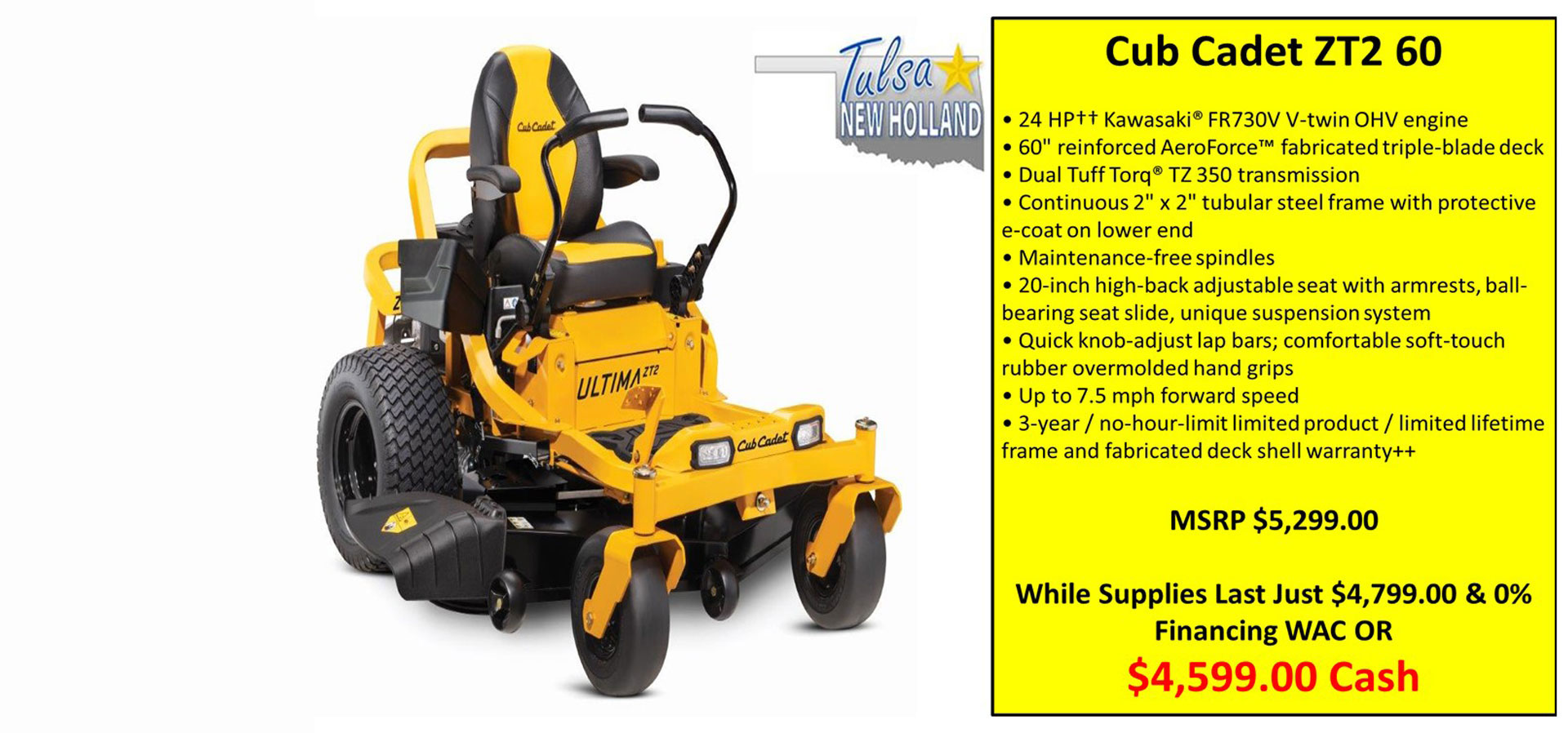 Tulsa New Holland, INC - Cub Cadet ZT2 60 Zero Turn Mower - Special Financing And Cash Price Offer